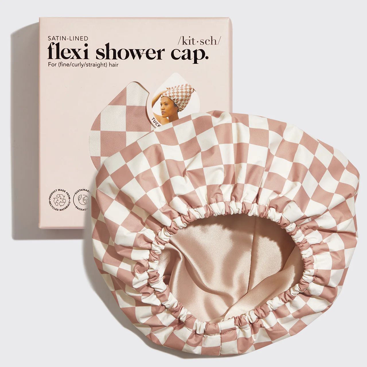 Satin Lined Flexi Shower Cap - Terracotta Checker | Kitsch