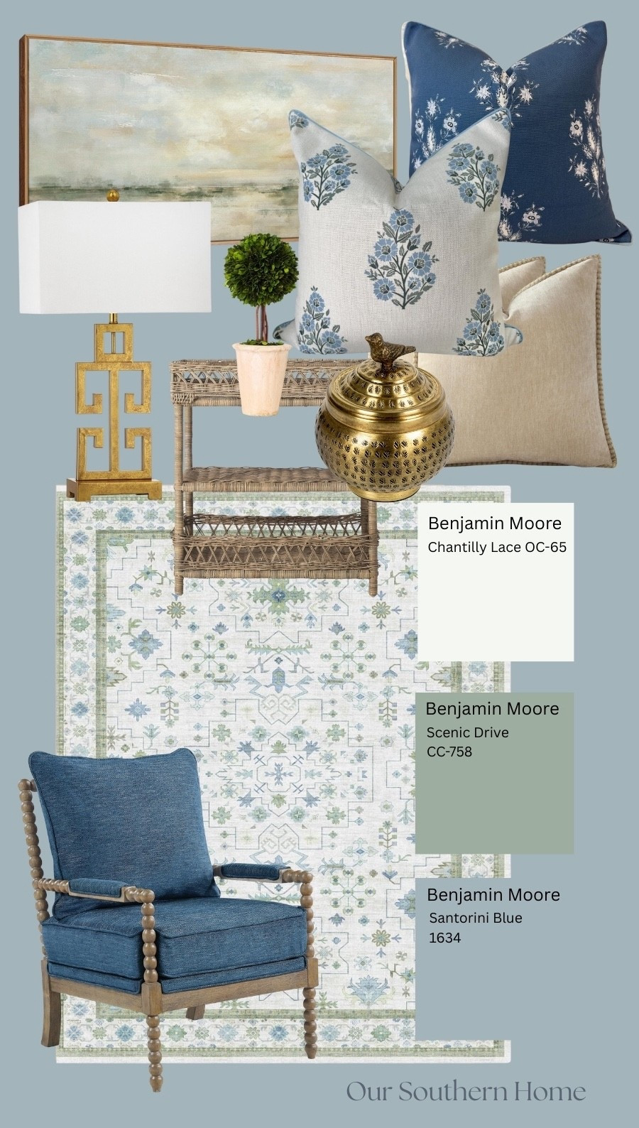 Soft blues and greens with wicker and brass accents for a lovely coastal look. Nice touches for upcoming spring and summer. 
Spindle chair, oushak rug, Greek key lamps.
#amazonhome 

#LTKHome #LTKSeasonal