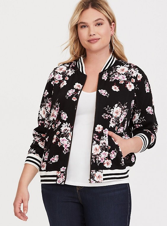 Black Floral Twill Bomber Jacket | Torrid