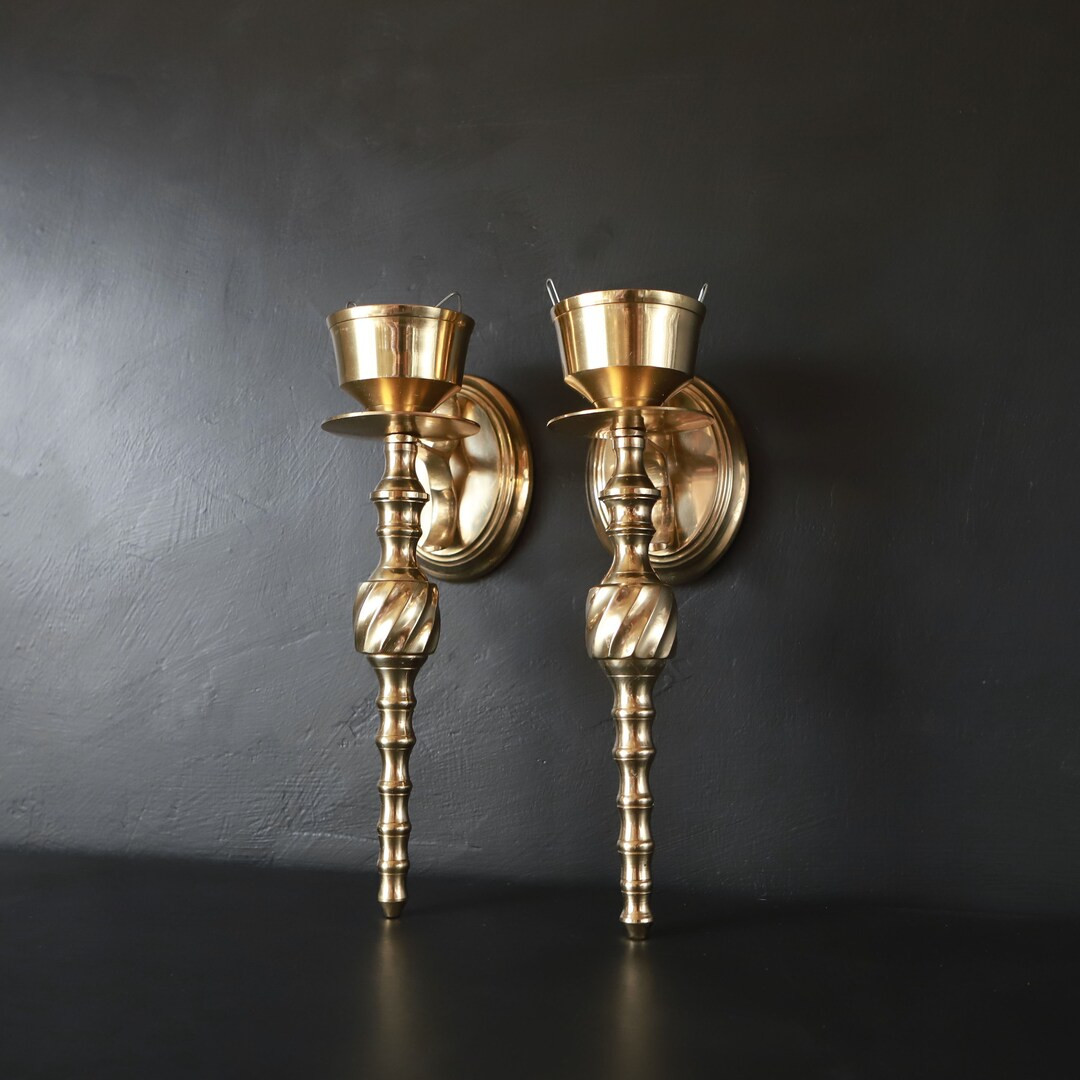 Vintage Brass Wall Sconces Gold Metal Hurricane Clips Mounted Classic Colonial Candlesticks | Etsy (US)