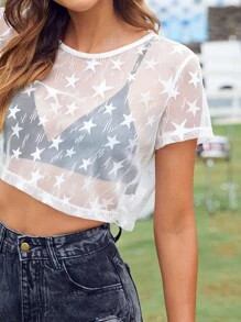 SHEIN Unity Star Print Mesh Sheer Top Without Bra SKU: swtop07210322176(1000+ Reviews)$3.49$4.49-... | SHEIN