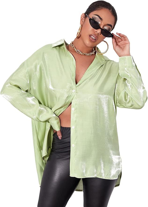 MakeMeChic Women's Oversized Satin Silk Long Sleeve Button Down Shirt Blouse Top | Amazon (US)
