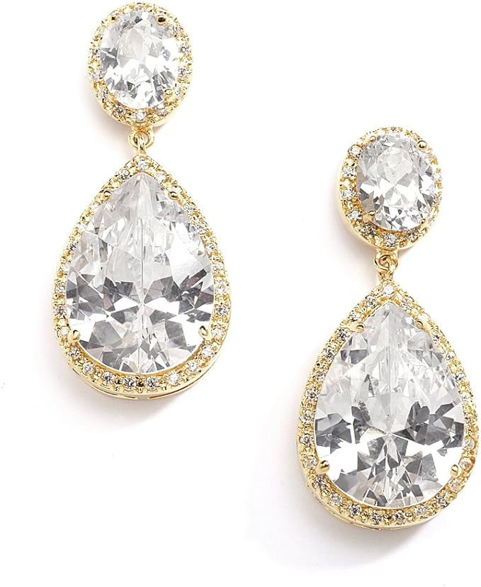 Mariell Cubic Zirconia Pierced or Clip-On Bridal Earrings, Precision Cut CZ Crystals, Bold Dangle... | Amazon (US)