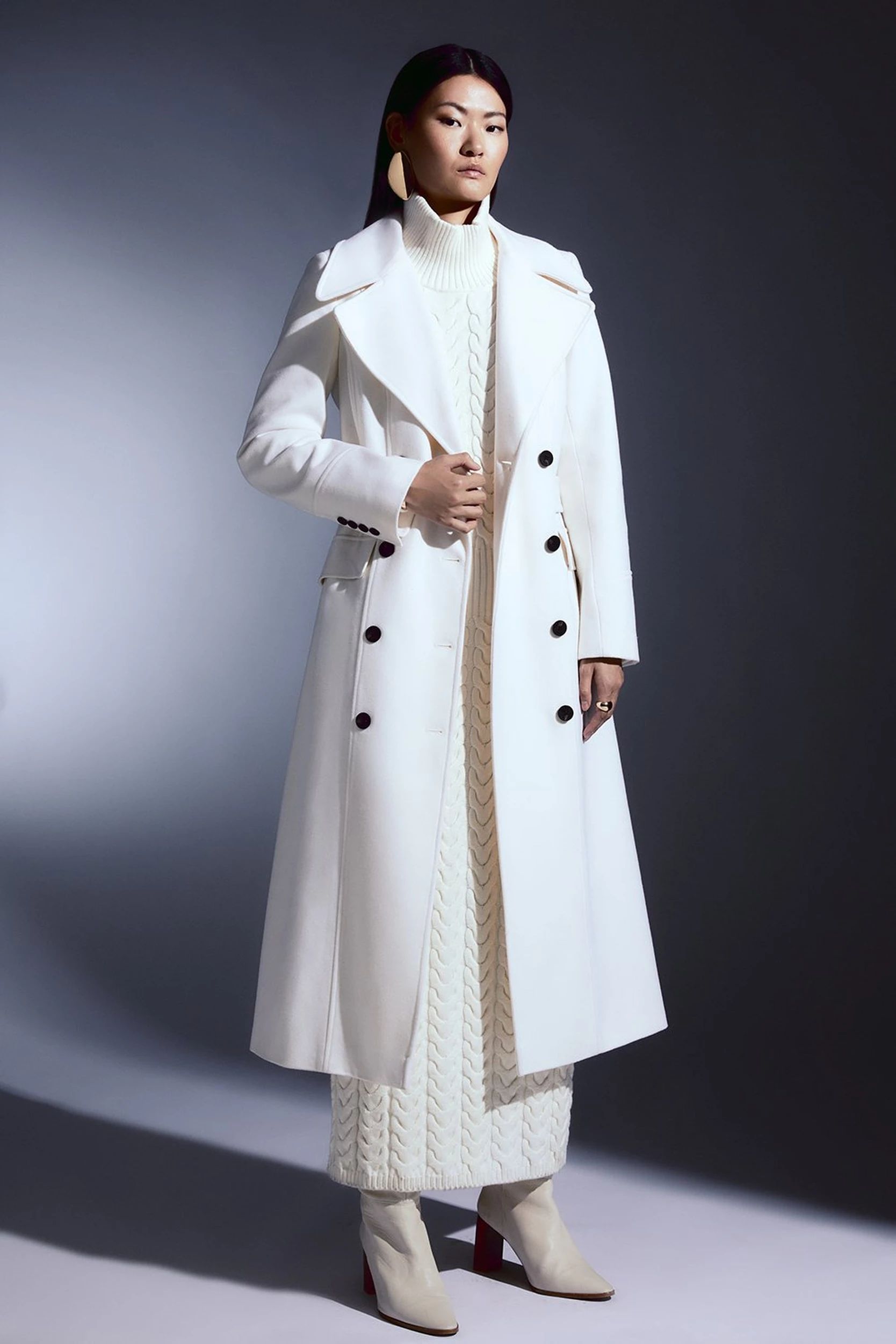 Italian Wool Blend Tab Belt Detail Double Breasted Coat | Karen Millen UK + IE + DE + NL
