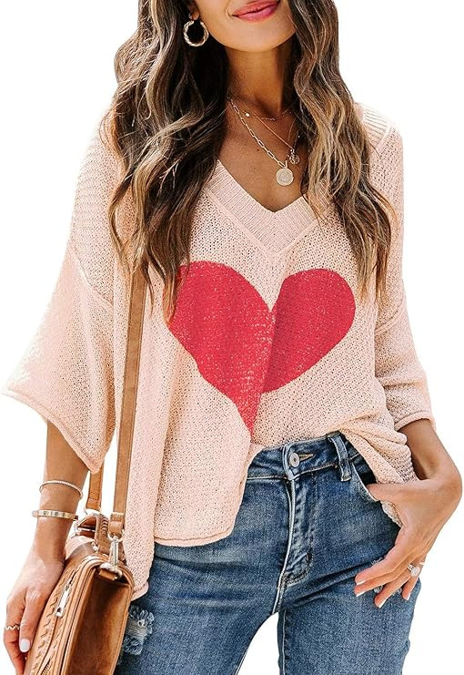 Saodimallsu Womens Cute Heart Sweaters Short Sleeve V Neck Valentines Tops Lightweight Knit Casua... | Amazon (US)