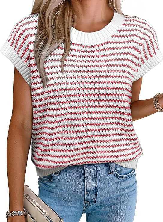 EVALESS Women's Sweater Vest Striped Pullover Tank Top Round Neck Cap Sleeve Lightweight 2025 Sum... | Amazon (US)