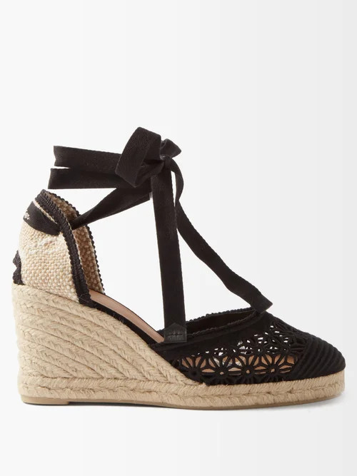 Castañer - Carina 80 Daisy-canvas & Jute Espadrilles Wedges - Womens - Black | Matches (US)