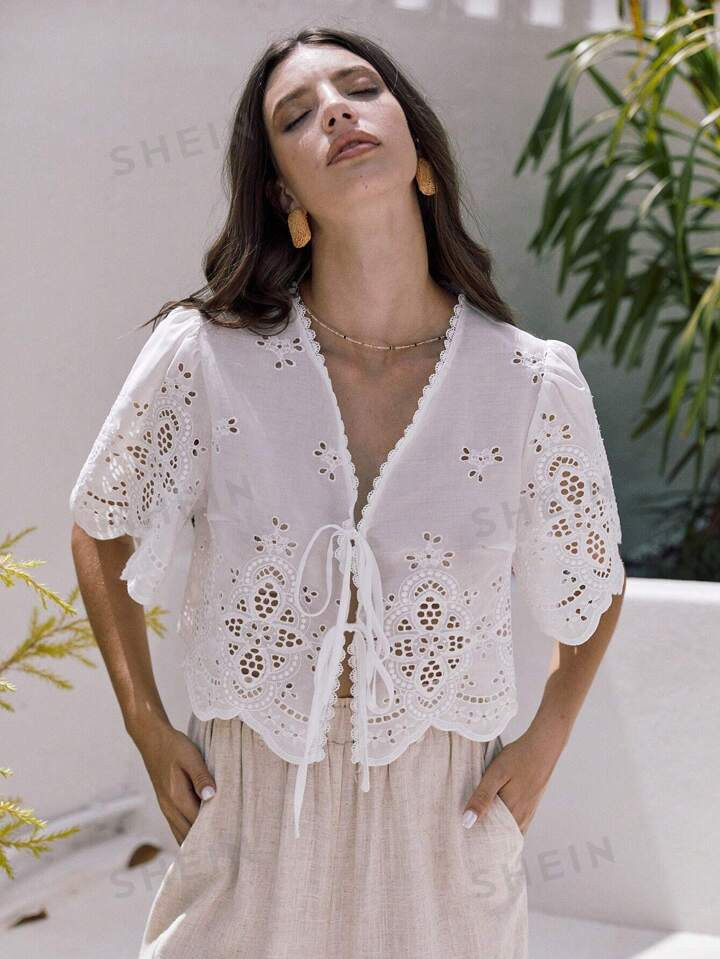 SHEIN Frenchy Summer White Ruffle Sleeve Embroidery Fabric Lace Up Short Top, Summer Blouse For W... | SHEIN