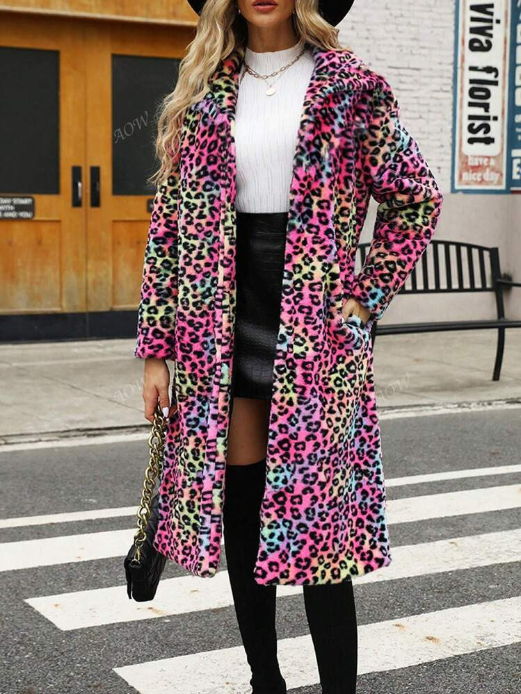 Women Casual Ombre Leopard Print Turndown Collar Long Fluffy Coat, Autumn/Winter | SHEIN