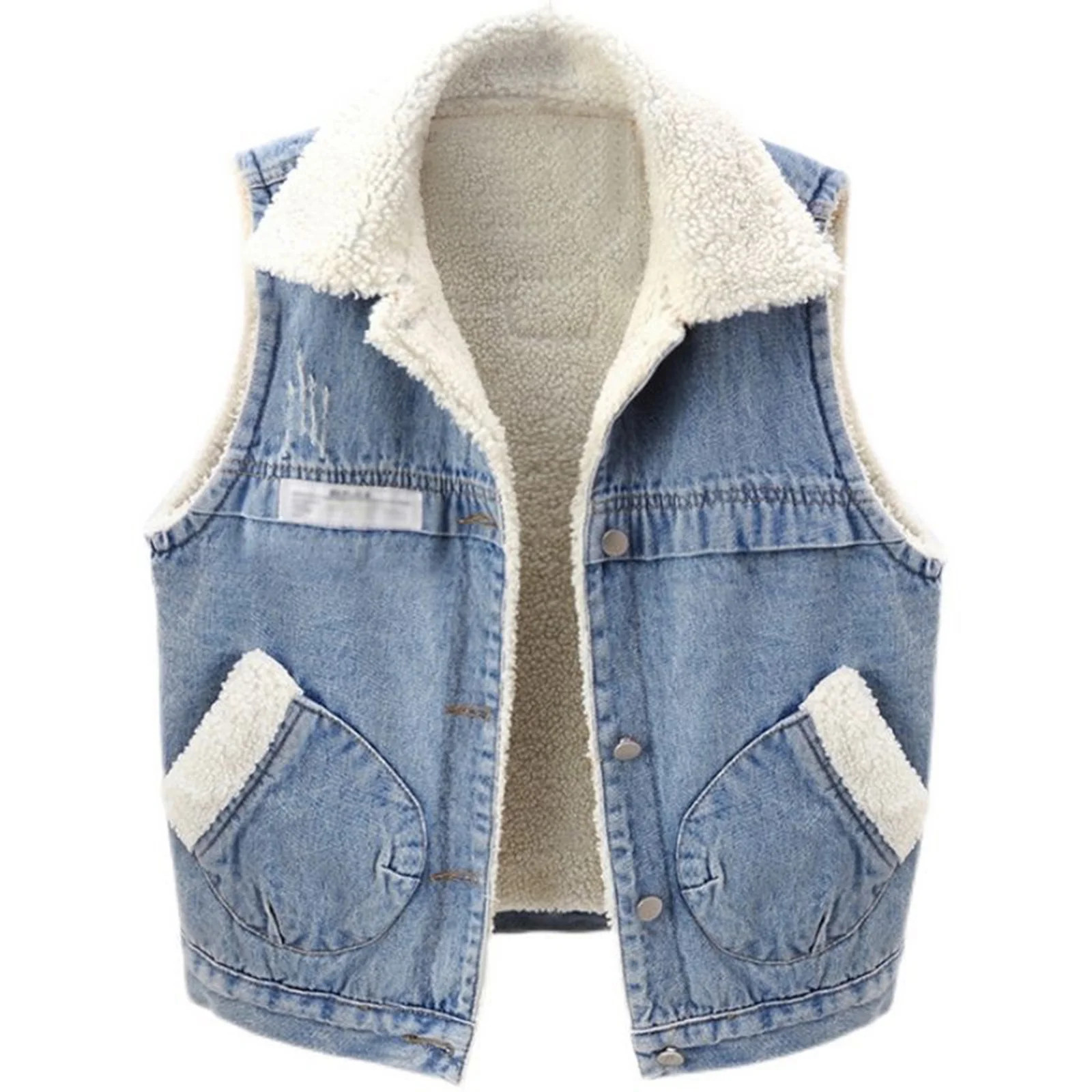 Fitoron Denim Vest for Women 2023 Winter Sherpa Plush Jacket Slim Fit Lapel Warm Fuzzy Sleeveless... | Walmart (US)