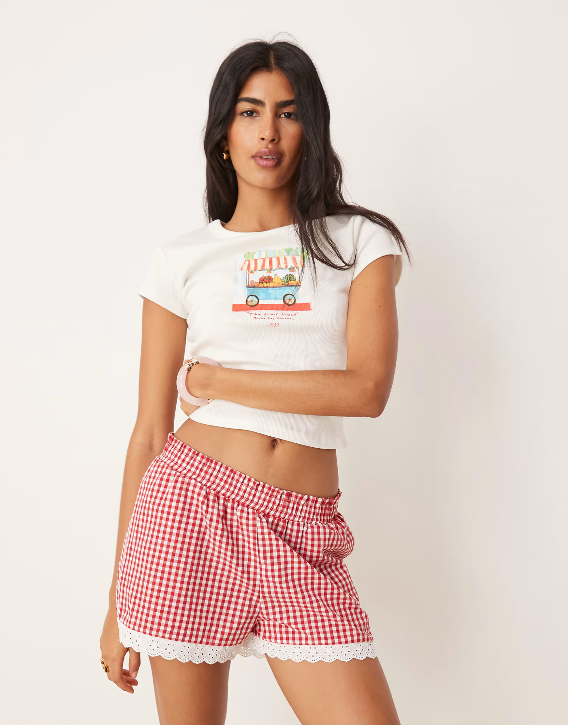 ASOS DESIGN lace trim shorts in red gingham | ASOS (Global)