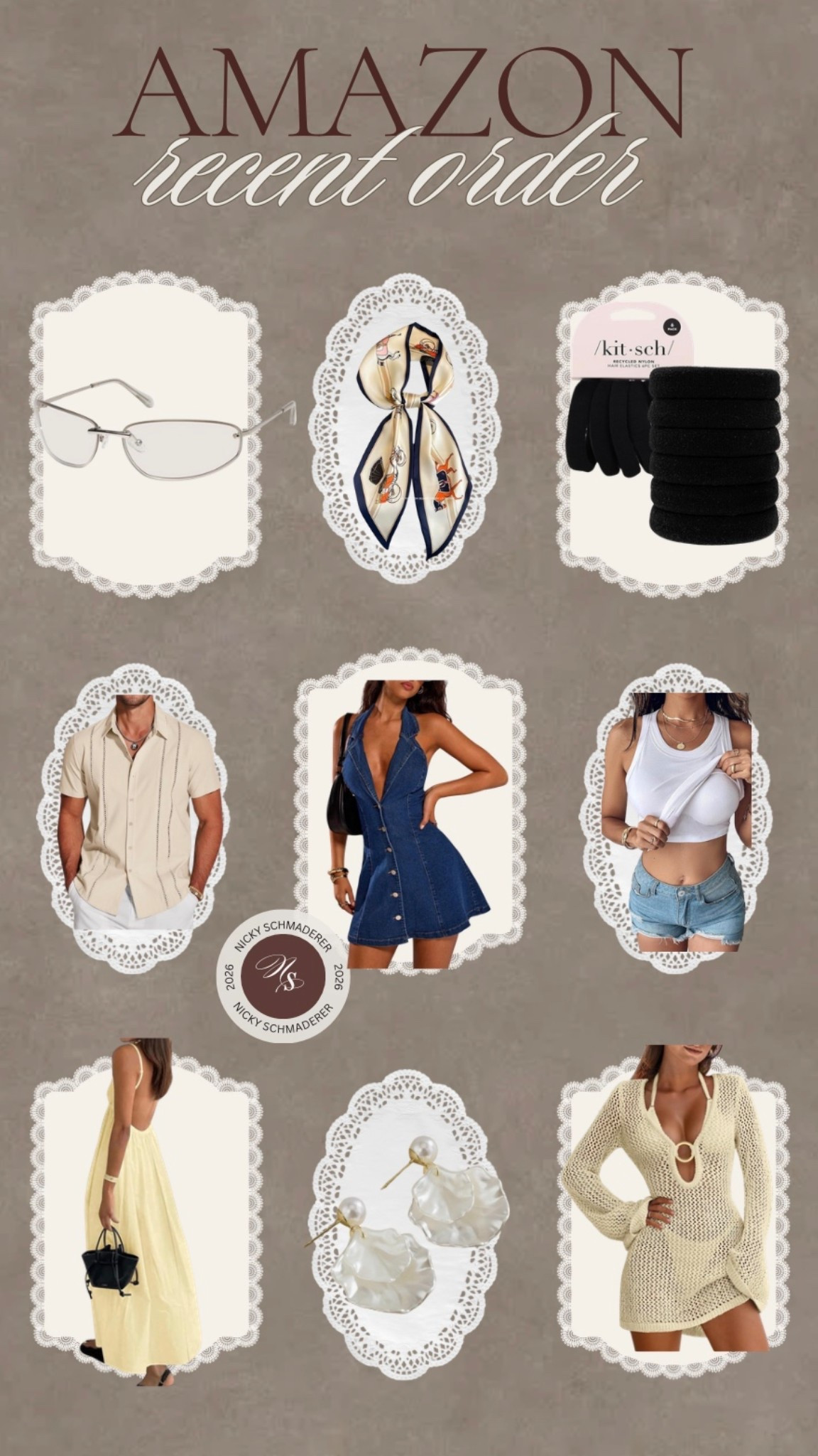 My recent Amazon order! 
Y2K sunglasses 
Scarf 
Hair ties 
Men’s resort tee 
WOMENS denim dress 
WOMENS tank 
WOMENS coverup 


#LTKSeasonal #LTKTravel #LTKootd