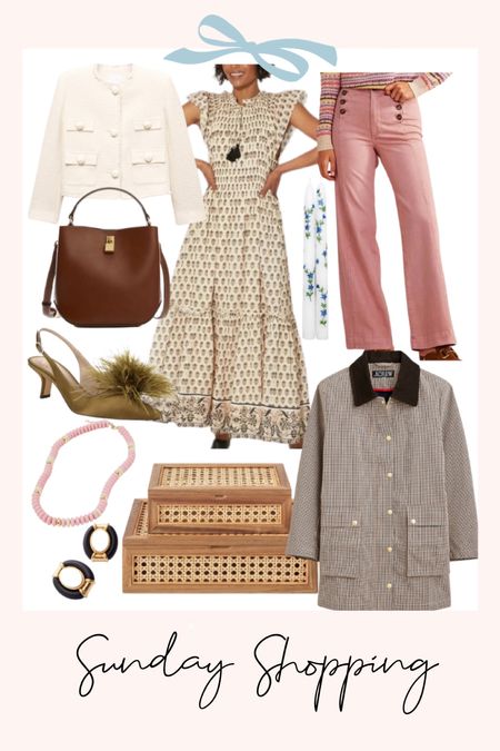 Fall outfits. Sailor wide leg pants. Pink denim jeans. Fall dress. Cand and wood display boxes. Pink beaded necklace. Black and pearl stud earrings. White tweed jacket. Feather slingback heels. Heritage barn jacket. Plaid jacket. Fall jacket.  Brown handbag with long removable straps. Fall handbag. Floral taper candles. Home decor. Wedding guest shoes. 
.
.
.
… #ltkover40 #ltkitbag #ltksalealert #ltkshoecrush #ltkseasonal 

#LTKunder100 #LTKhome #LTKstyletip