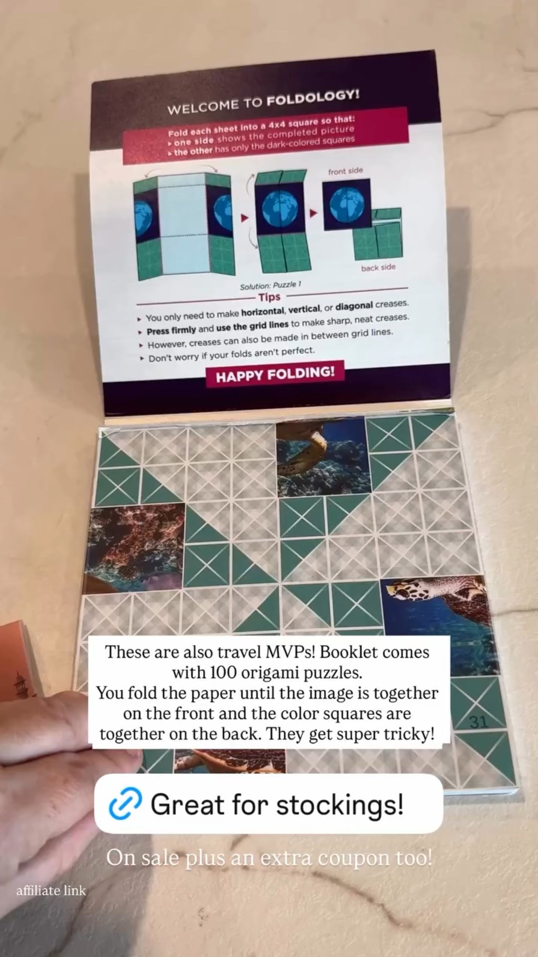 These are also travel MVPs! Booklet comes with 100 origami puzzles.
You fold the paper until the image is together on the front and the color squares are together on the back. They get super tricky! On sale plus an extra coupon too! 

#LTKFamily #LTKKids #LTKTravel