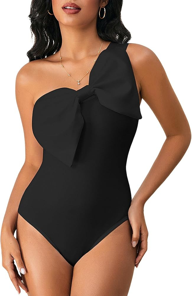 WDIRARA Women's Bow Front One Shoulder Bodysuit Asymmetrical Sleeveless Top | Amazon (US)