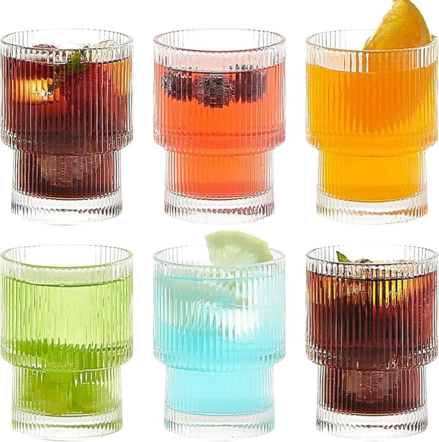 Glasses Drinking Set of 6 Ribbed Juice Glasses 6 oz,Vintage Glassware Drinking Glasses Whiskey Ro... | Amazon (US)