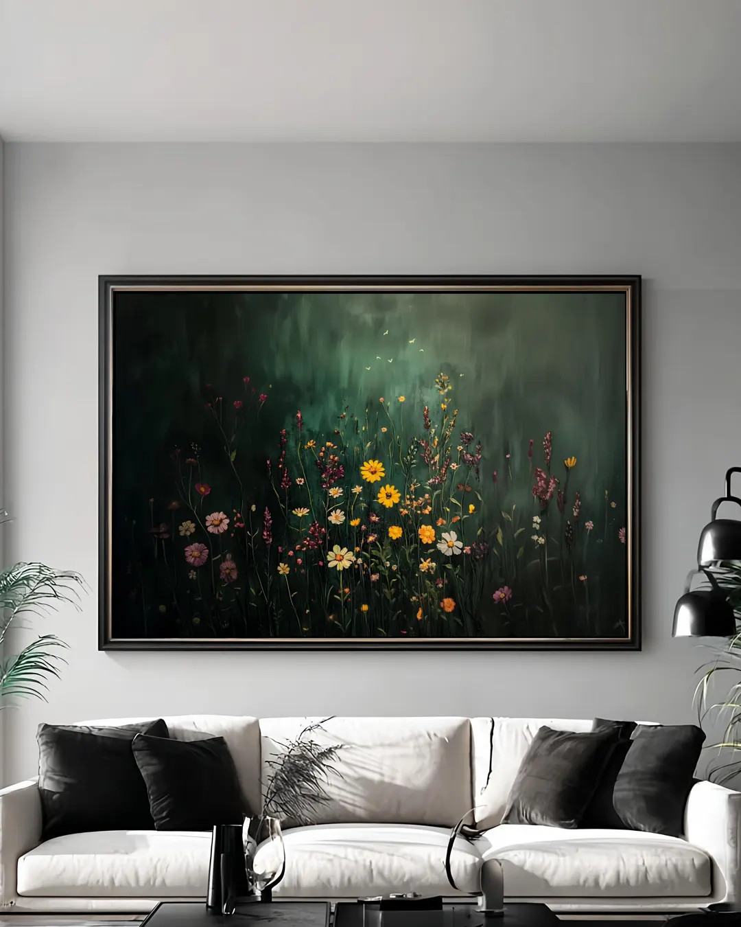 Wildflower Field Wall Art – Moody Floral Landscape Print, Dark Green Botanical Nature Decor for... | Etsy (US)