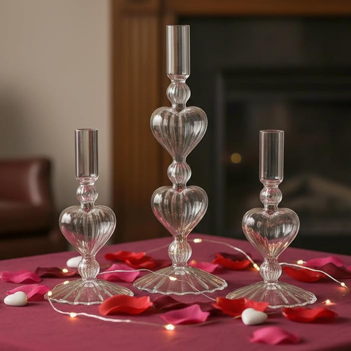 Mumufy 3 Pcs Valentine's Day Glass Candlestick Holders Clear Heart Glass Taper Candle Holder Vale... | Amazon (US)