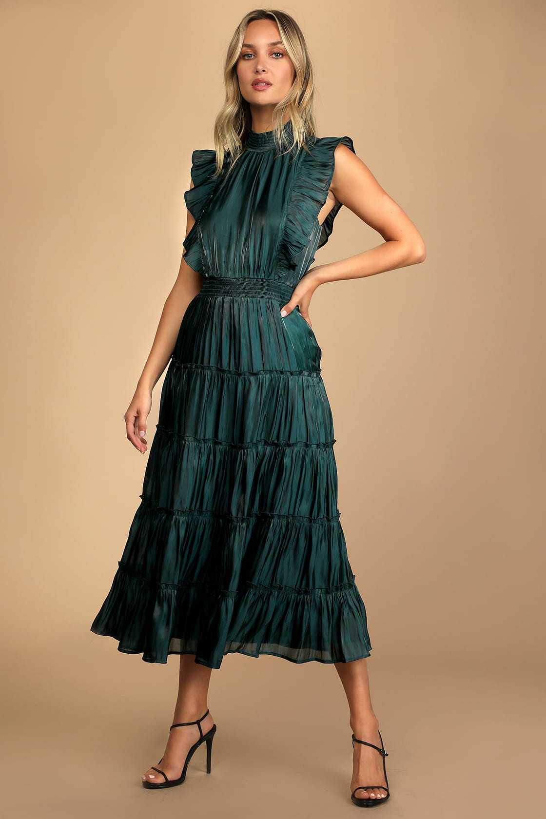 Take a Glance Emerald Green Tiered Mock Neck Midi Dress | Lulus (US)
