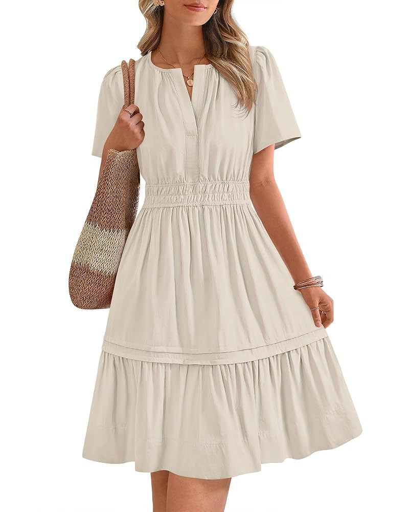BTFBM Women's Casual Dresses 2025 Summer Spring V Neck Short Sleeve Sundress Smocked Waist A Line... | Amazon (US)