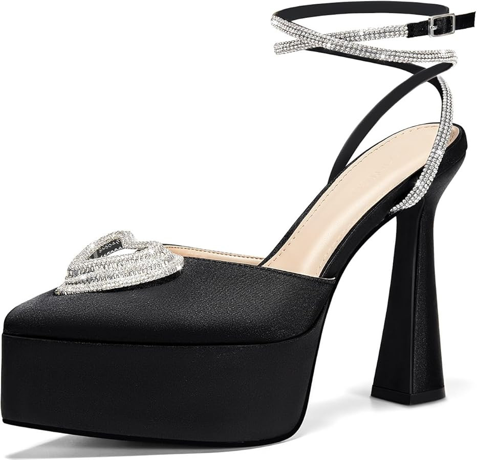 Coutgo Womens Platform High Chunky Heels Rhinestone Triple Heart Pointed Toe Ankle Strap Party We... | Amazon (US)