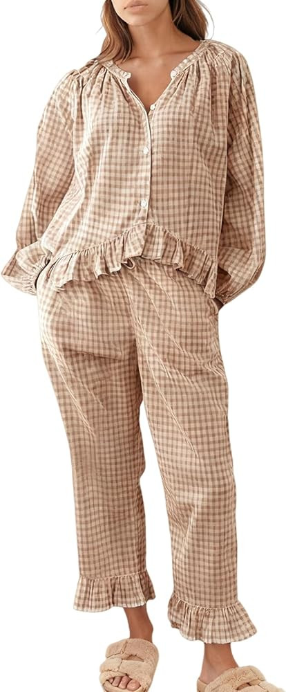 WOWULOVELY Womens Long Sleeve Gingham Pajama Set 2 Piece Plaid Cotton Babydoll Shirt and Leg Pant... | Amazon (US)
