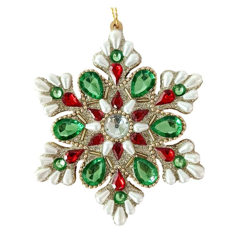 Classic Christmas Green & Red Jeweled Snowflake Ornament, 4" | At Home