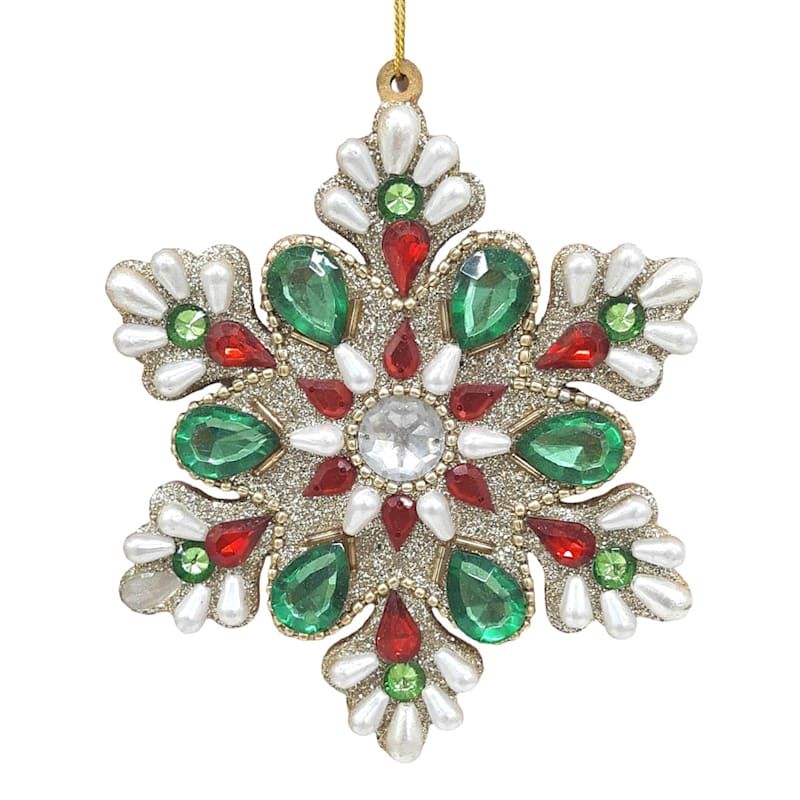 Classic Christmas Green & Red Jeweled Snowflake Ornament, 4" | At Home
