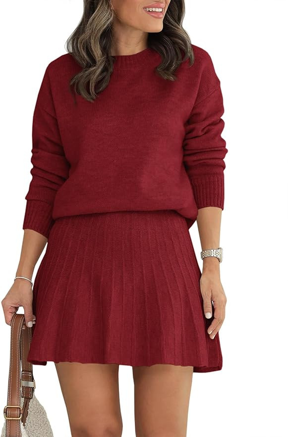 Tankaneo Womens Skirt 2 Piece Sweater Set Long Sleeve Crewneck Sweaters Pleated Mini Skirt Knit L... | Amazon (US)