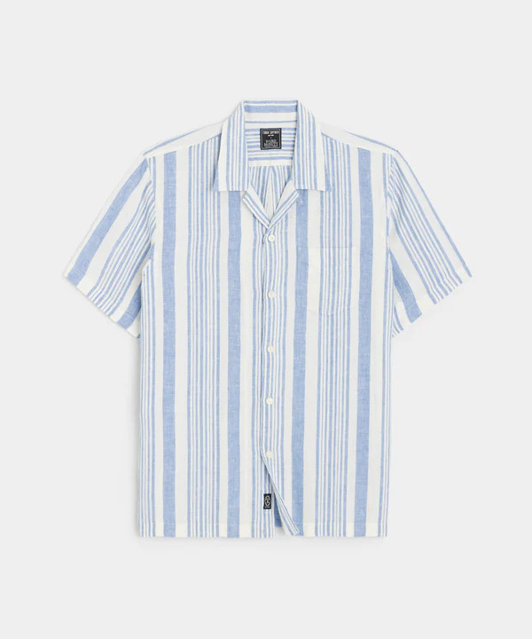 DOUBLE STRIPE LINEN SHORT SLEEVE CAMP COLLAR SHIRT | Todd Snyder