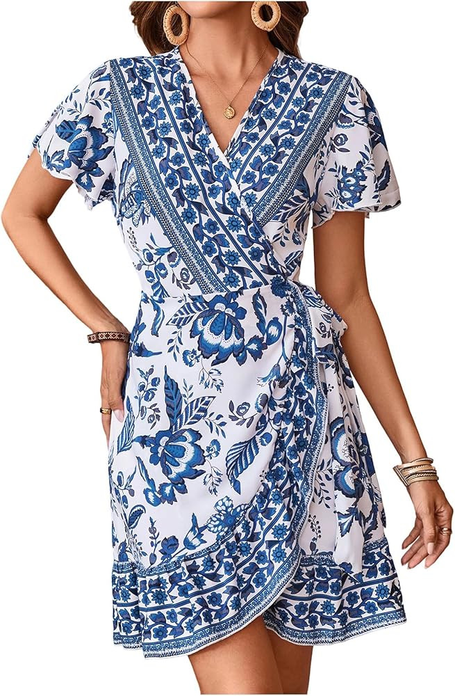 WDIRARA Women's Summer Casual Boho Floral Print Short Sleeve Wrap V Neck Ruffle Hem A Line Dress | Amazon (US)