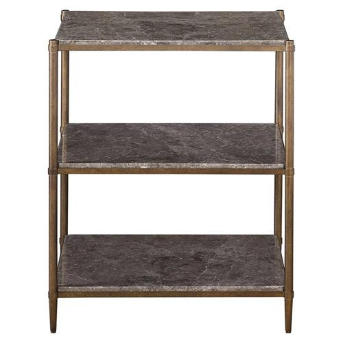 Jill Mid Century Modern Grey Stone Bronze Metal Shelving Rectangular Side Table | Kathy Kuo Home