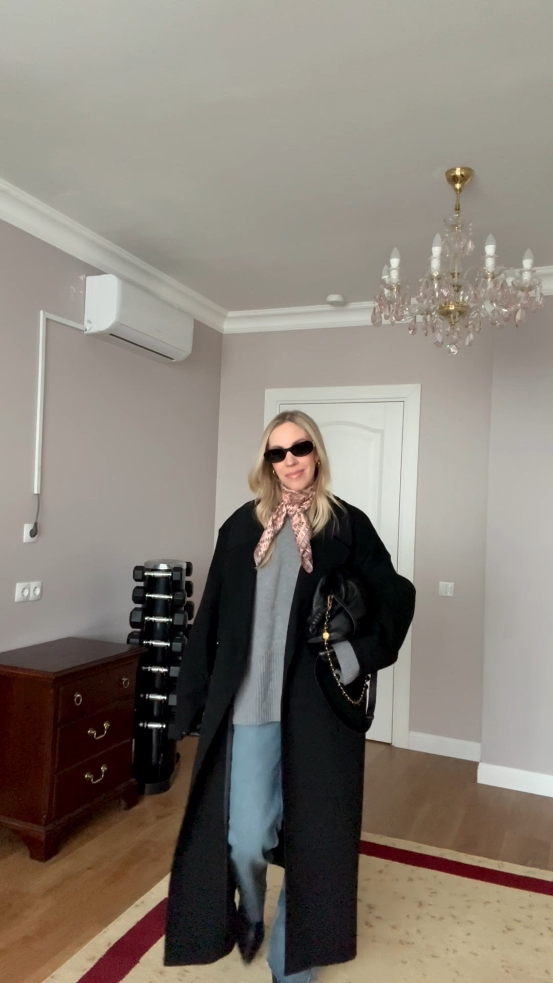 Black oversized wool coat, silk scarf outfit, gray cashmere sweater, @Zara straight leg jeans, black western boots, Loewe Flamenco pouch handbag with donut chain

#LTKgrwm #LTKOver40 #LTKootd