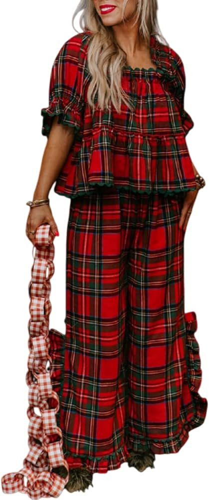 Seyurigaoka Women Christmas Plaid Pajamas Puff Sleeve Babydoll Top and Ruffle Pants 2 Piece Xmas ... | Amazon (US)