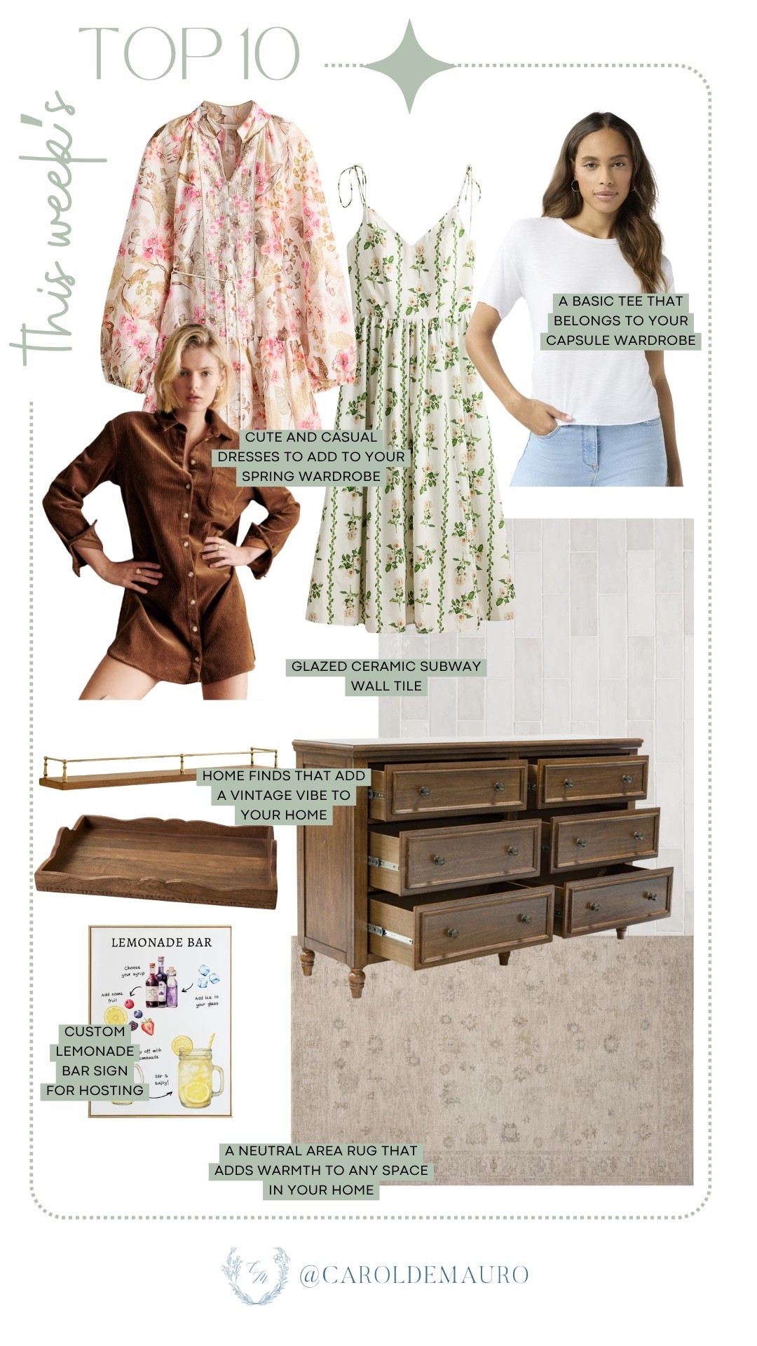 Upgrade your style with this week’s top picks: from a classic tee, floral midi dresses, to a chic brown corduroy dress. Transform your home with a neutral area rug, a custom lemonade bar sign, glazed ceramic subway tiles, and a vintage-inspired console table.

furniture finds, modern vintage, home decor, spring dresses, fashion inspo, home renovation, wooden tray, hostess finds

#LTKHome #LTKootd #LTKSeasonal