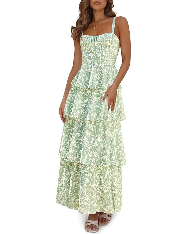 Fisoew Womens Floral Maxi Dresses Spaghetti Strap Casual Sleeveless Ruffle Flowy Tiered Dress | Amazon (US)