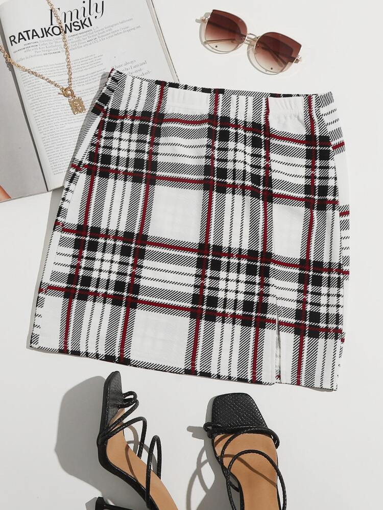 SHEIN Felegant Tartan Slit Hem Skirt | SHEIN