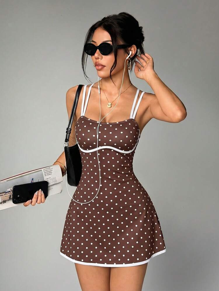 SHEIN Dewbera 2pcs/Set Women's Sports Dress With Criss-Cross Back & Polka Dot Pattern, And Women'... | SHEIN