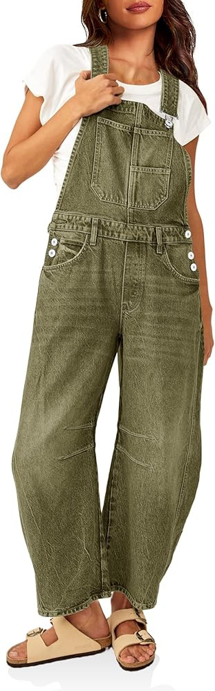 PLNOTME Womens Denim Bib Overalls Barrel Leg Adjustable Strap Jean Pants Jumpsuits with Pockets | Amazon (US)