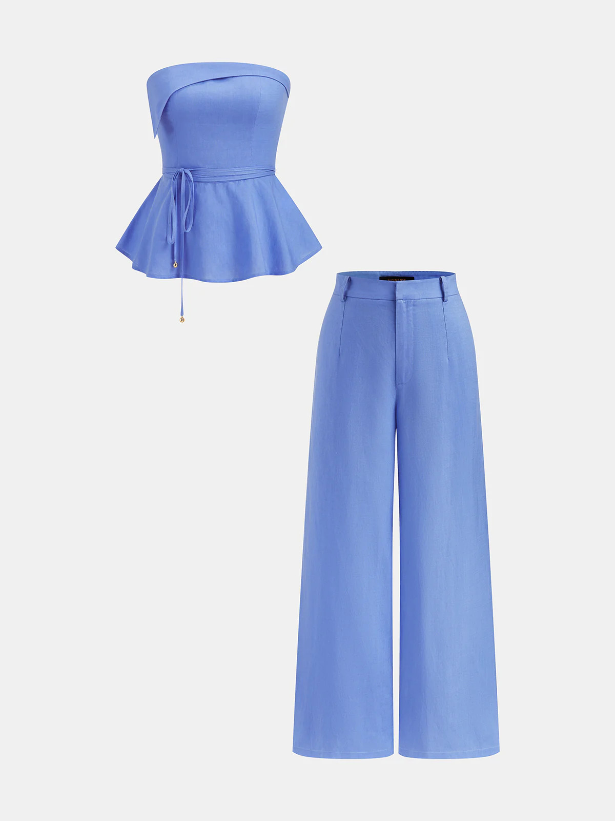 Linen-Blend Strapless Peplum Top & Pants Set | Commense