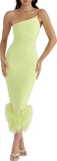 HOUSE OF CB Alessia Asymmetric Feather Trim Midi Dress Lime Dress Lime Green Dress Light Green Dress | Nordstrom
