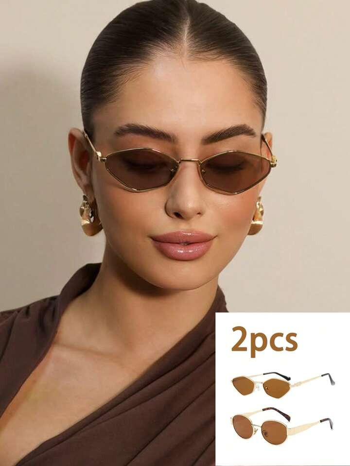 2 Stücke Modische Damen Brille Mit Metallrahmen In Rautenform, Personalisierte Europäisch-Amerikanische Straßenfotografie Gläser, Sommer Strandaccessoires | SHEIN
