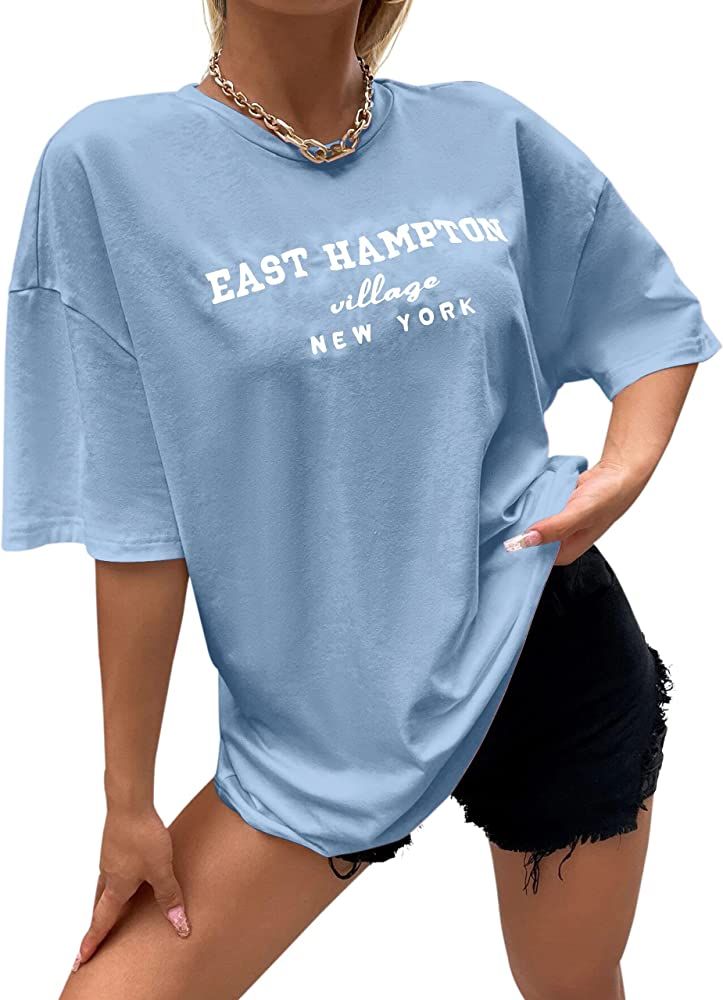 Lauweion Women Drop Shoulder East Hampton Letter T-Shirt Oversized Graphic Baggy Trendy Tee Shirt To | Amazon (US)