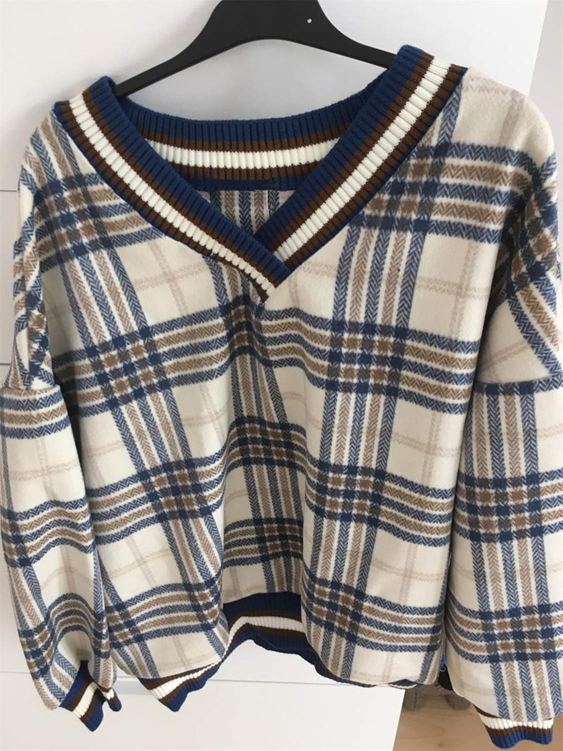 CYLADY Women's V-Neck Plaid Pullover Sweatershirt Loose Long Sleeve Tops | Amazon (US)