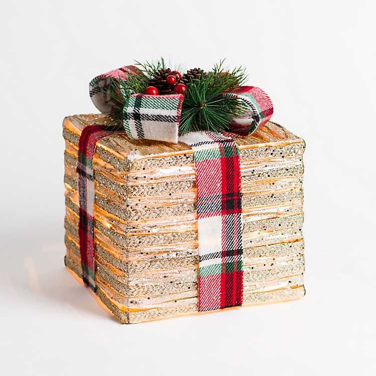 Pre-lit Gold Gift Box with Plaid Bow, 10 in. | Kirkland's Home