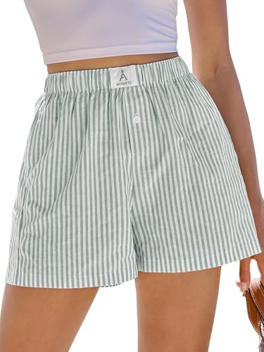 ANRABESS Boxer Shorts for Women Gingham Pajama 2026 Summer Casual Lounge Sleep Plaid Shorts Y2K Beach Bottoms Green White Stripe Medium | Amazon (US)