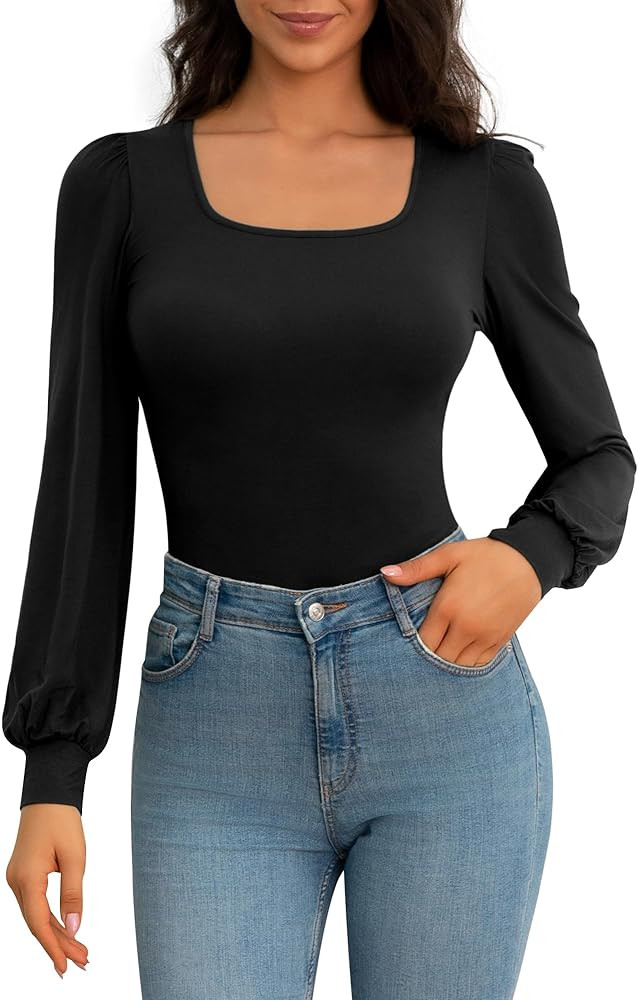 CLOZOZ Square Neck Womens T Shirts Puff Sleeve Shirts for Women Long Slim Fitted Tee Tops | Amazon (US)