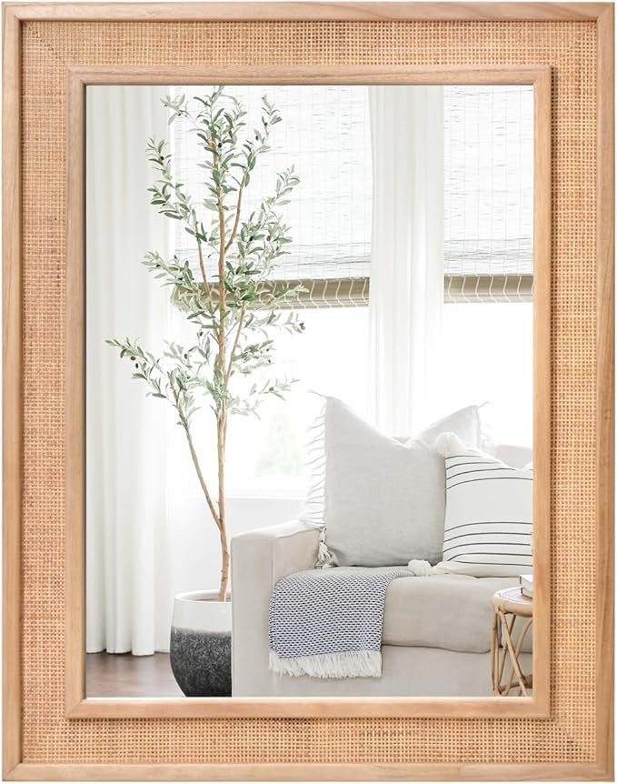 Rattan Wall Mounted Mirror 24"x32" Wood Framed Farmhouse Hanging Bathroom Mirror Decorative Recta... | Amazon (US)