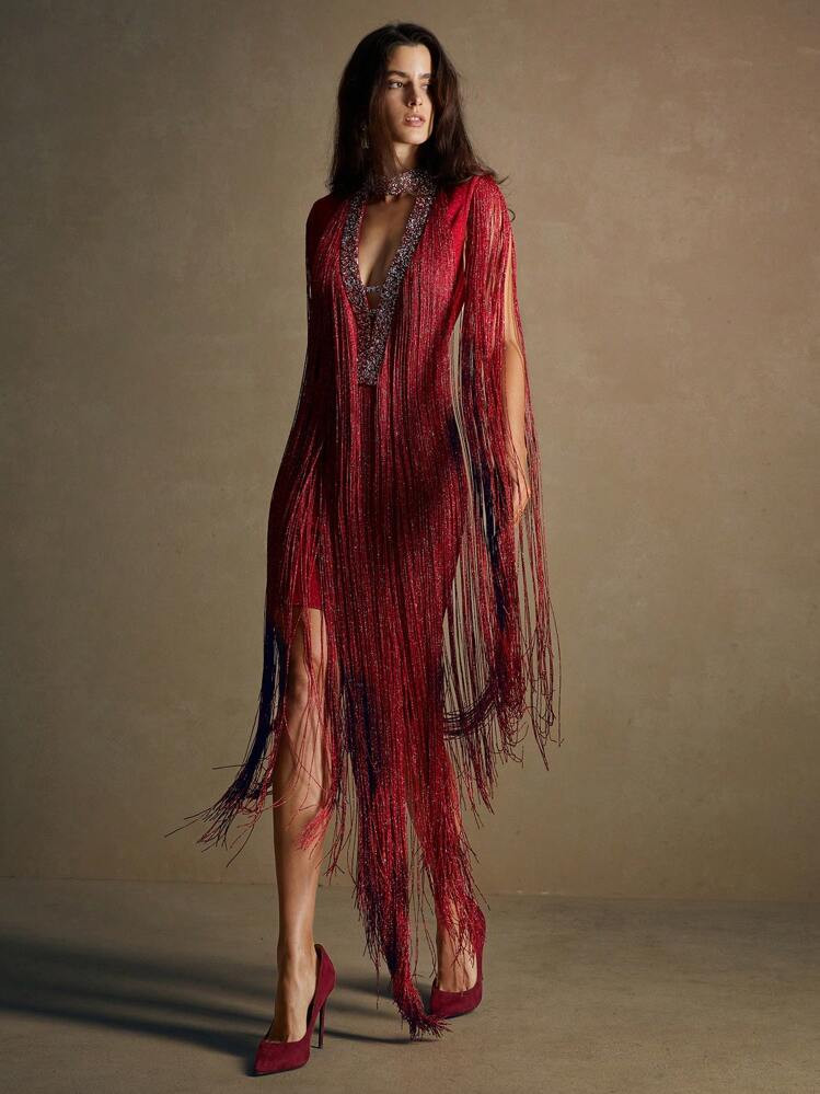 Anewsta Red Flowing Light Deep V Bandage Dress, Limited Edition Christmas Couture, Elegant Curve-Hugging Slim Fit High-End Dress | SHEIN