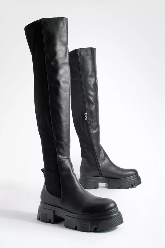 Stretch Panel Chunky Knee High Boots | Boohoo.com (UK & IE)